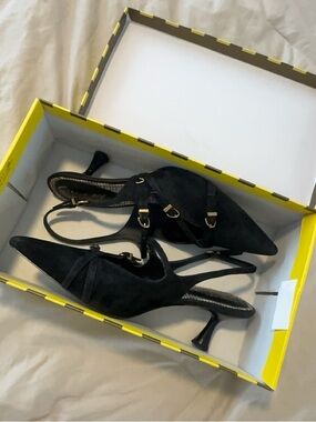 Sam Edelman Women's Black Pointed Slingback Heels with Gold Buckle Details